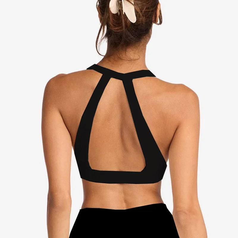 Quick Dry Yoga Crop Top C-B Cross Back Sports Bra Naked Gym Running Workout Padded Deep V Halter Backless  Women Athletic Top