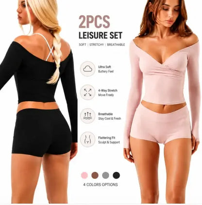 Women's Yoga Set: V-neck  Long-sleeved T-shirt & High-waisted , Suitable for Gym Workouts.Cuffed Shorts & Leggings